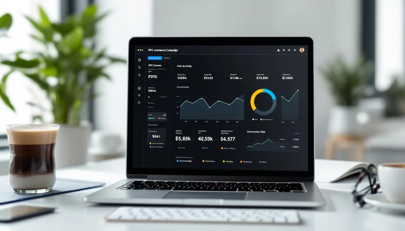 The image illustrates a digital marketing strategy focused on Pay Per Click (PPC) advertising for ecommerce businesses, showcasing various social media platforms and SEO where targeted ads can drive website traffic and increase online sales. It highlights the importance of keyword research and effective marketing campaigns in reaching potential customers and fostering customer loyalty.