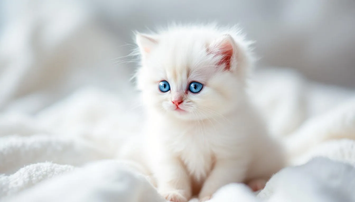 Een close-up van een prachtige witte kitten met blauwe ogen die op een zachte witte deken ligt. Deze schattige kitten, waarschijnlijk een Britse korthaar of Ragdoll, straalt een gevoel van tederheid en schattigheid uit.