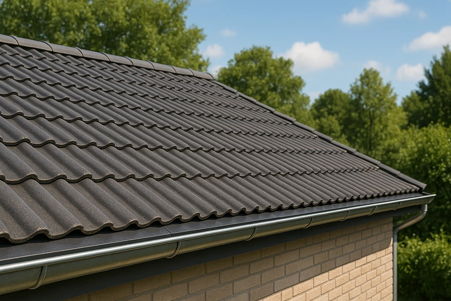 Well-maintained roof with clean tiles and clear gutters after regular preventative maintenance.