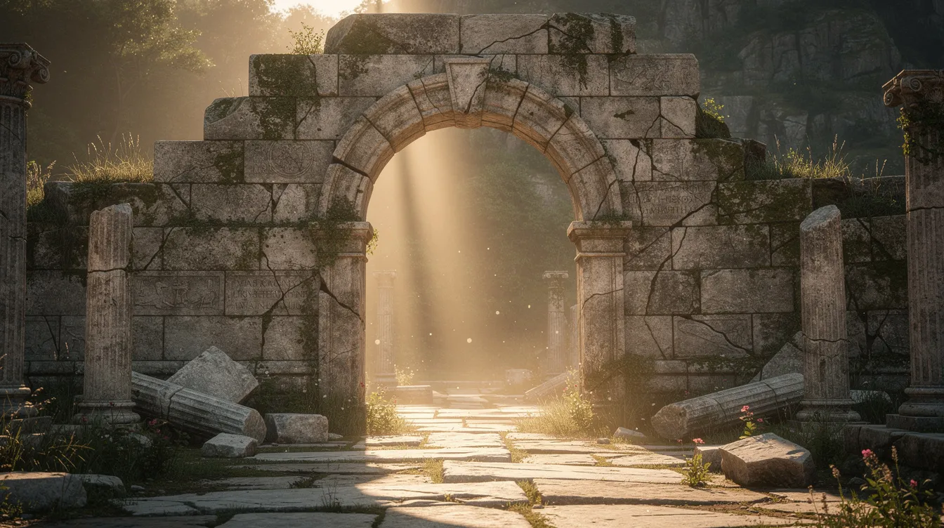 The image depicts ancient stone archway ruins illuminated by sunlight, suggesting a once-sacred historical site that may have served as a place of worship and community gatherings. This evocative scene connects to themes of faith, atonement, and the rich cultural heritage of Jewish history, inviting contemplation of the past and its impact on present-day life.