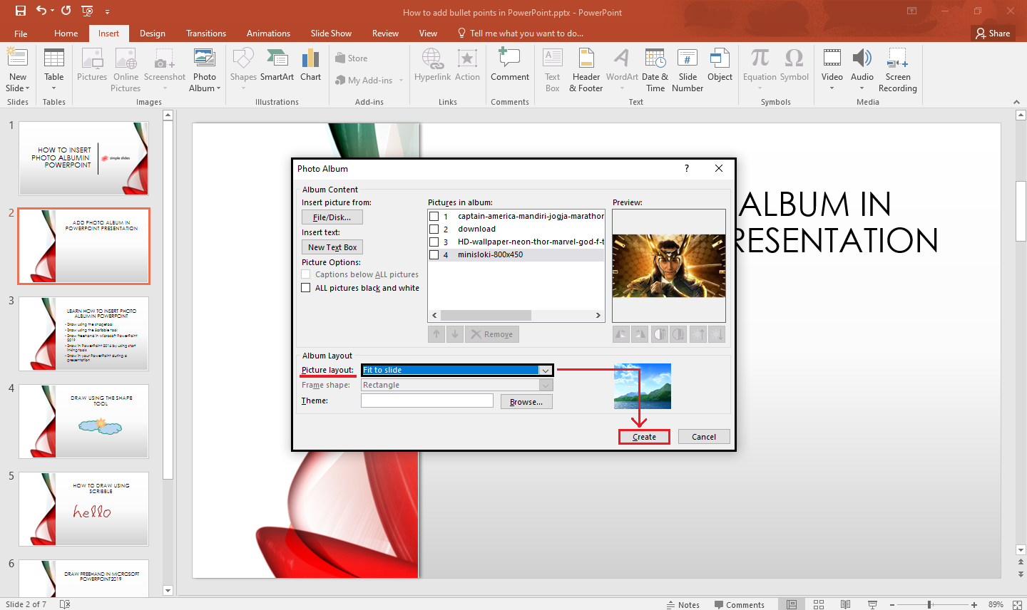 On a existing Photo Album dialog box, select a picture layout for your Photo Album.