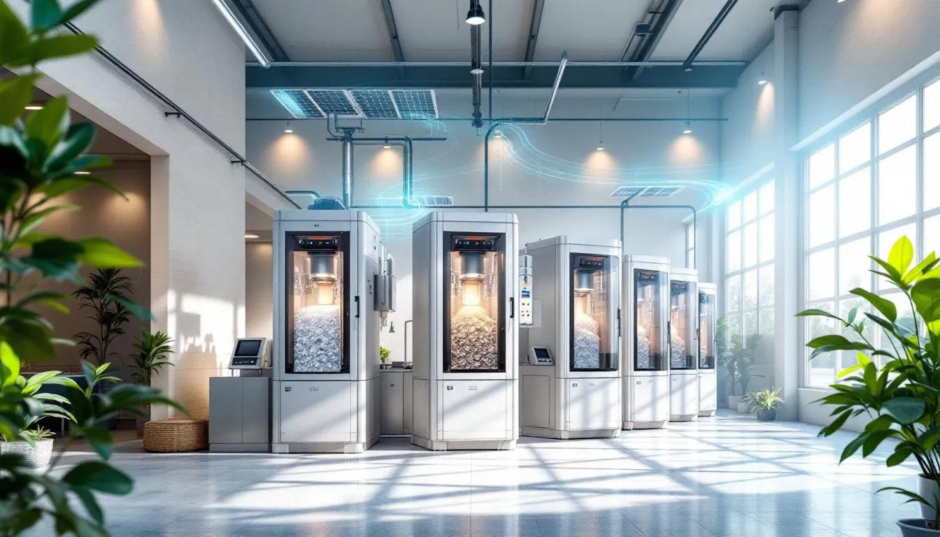 An overview of recycled plastic extruders in a factory setting.