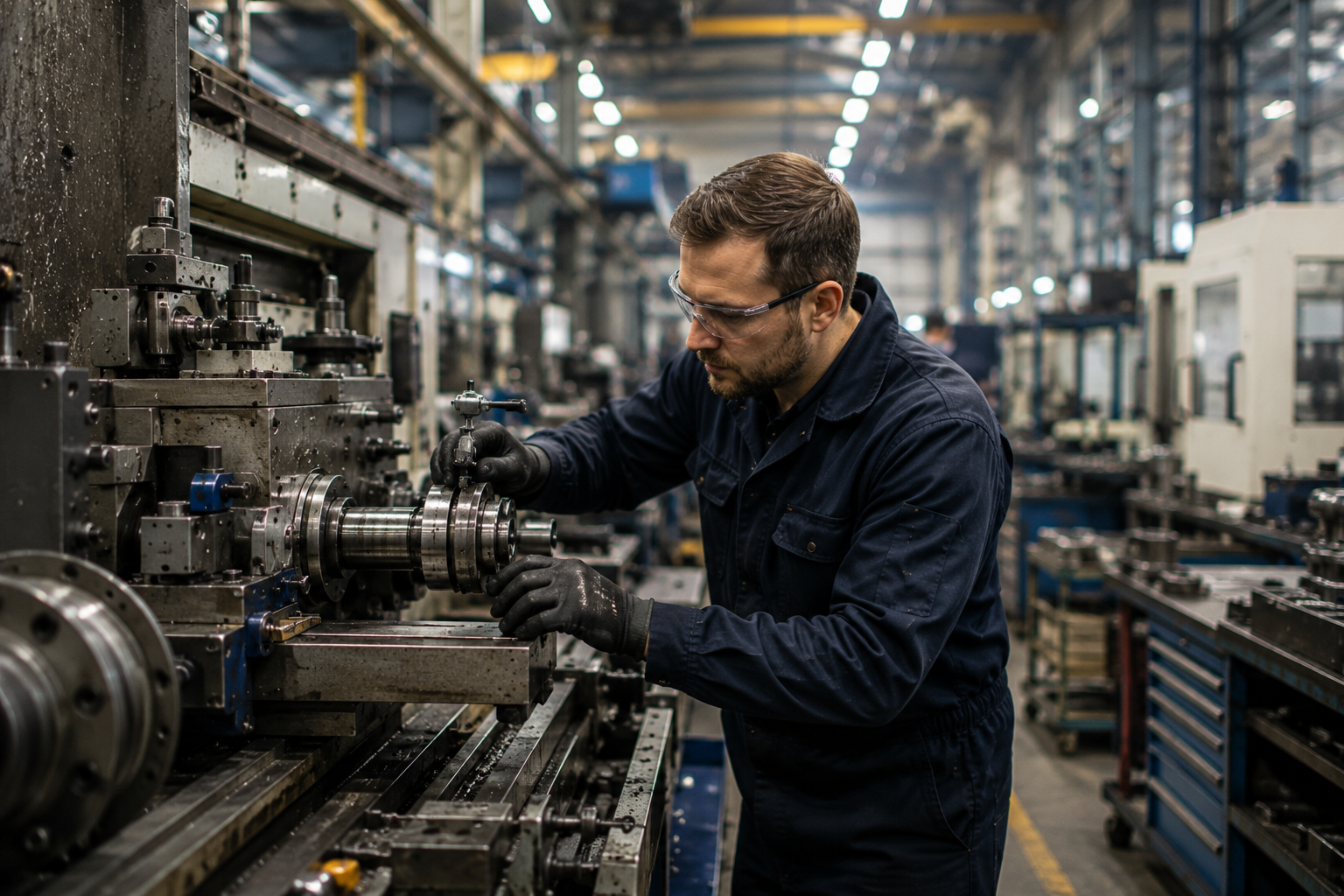 Industrial engineer inspecting manufacturing machinery inside a large production facility.