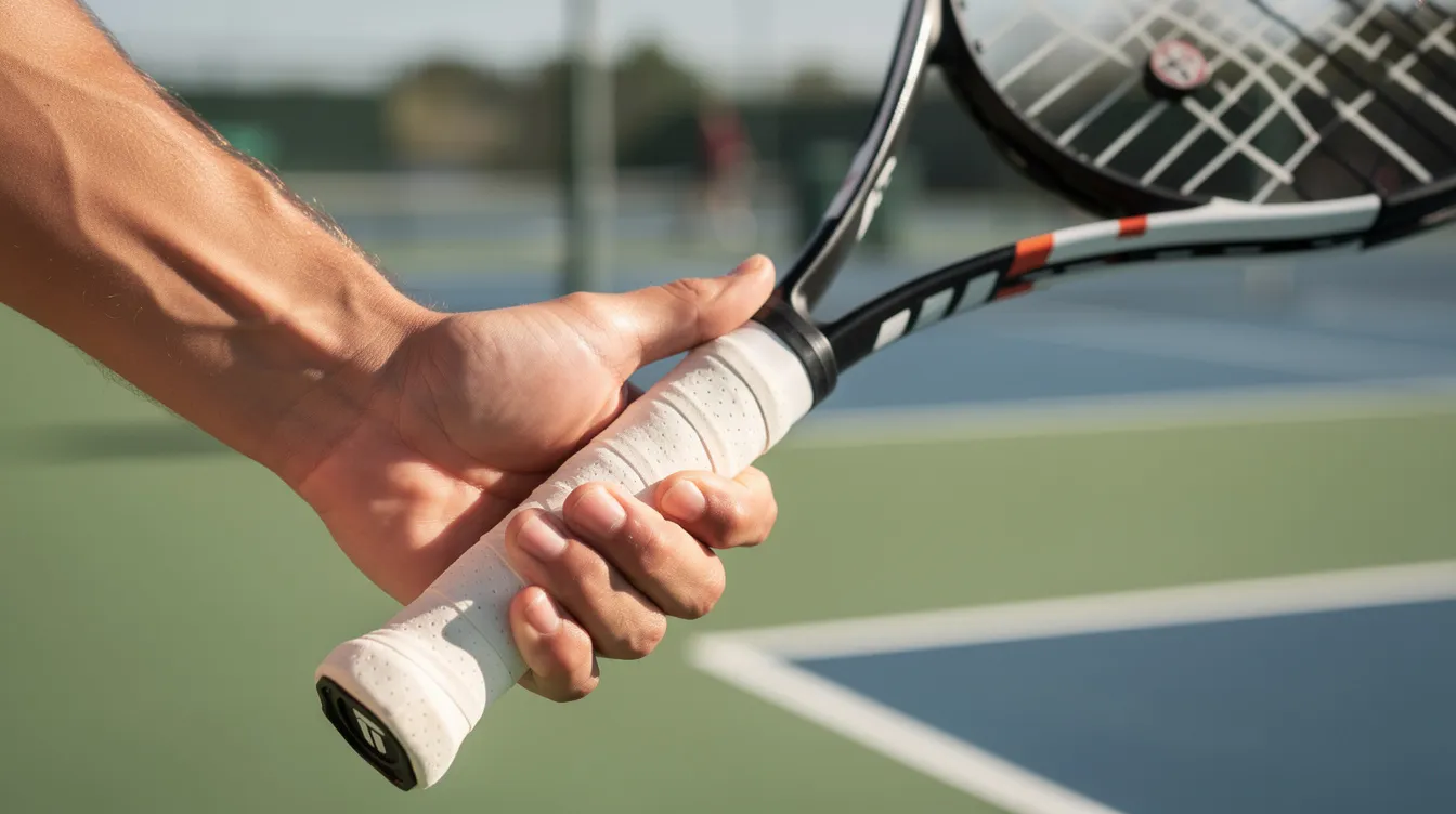 A close-up of a tennis player's hand shows a relaxed grip on the tennis racquet handle, ready for a forehand swing on a sunny outdoor court. The focus is on the racquet angle and the player's technique, emphasizing the importance of muscle memory and control during match play.