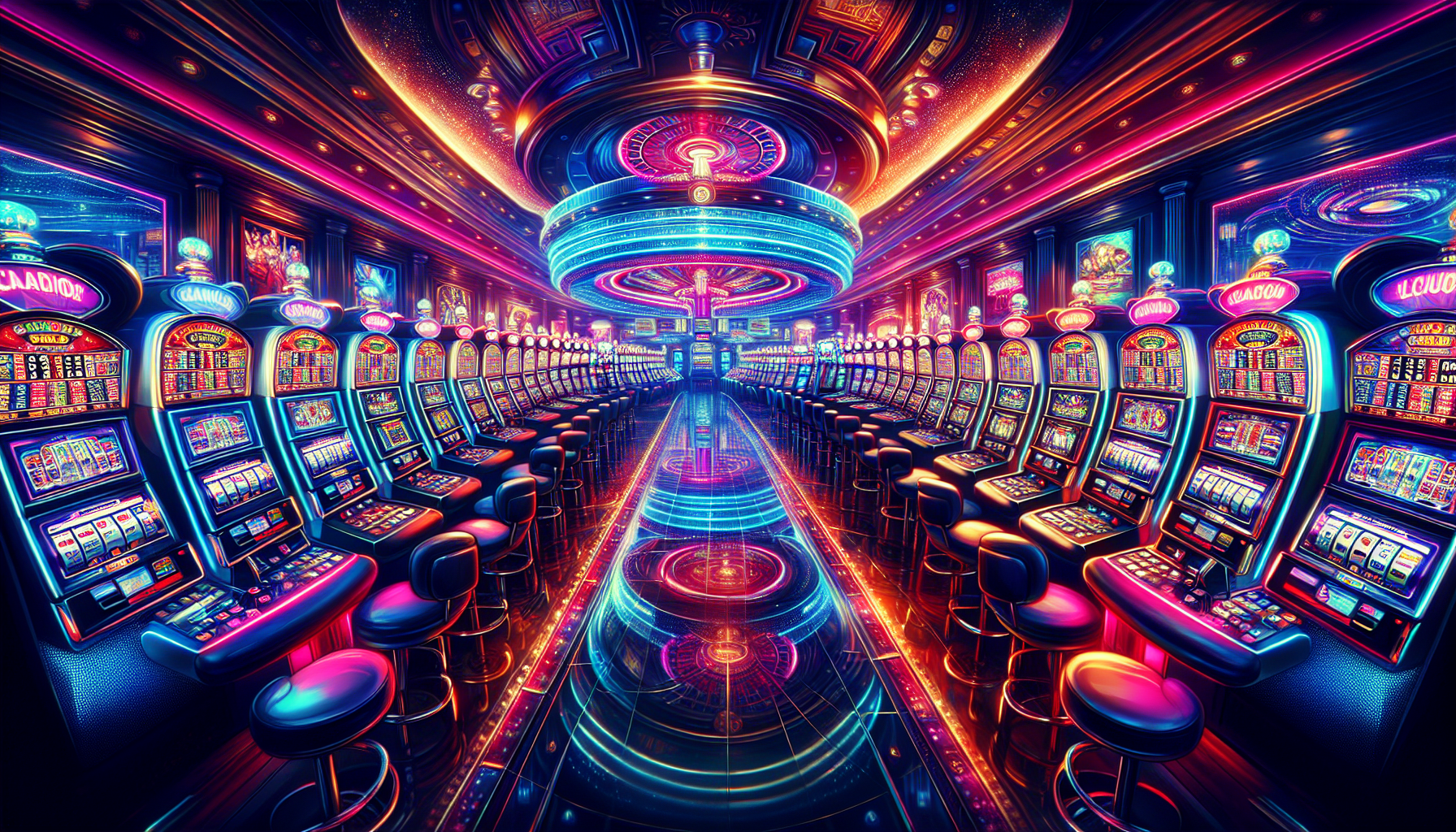 Illustration of a casino with neon lights and slot machines
