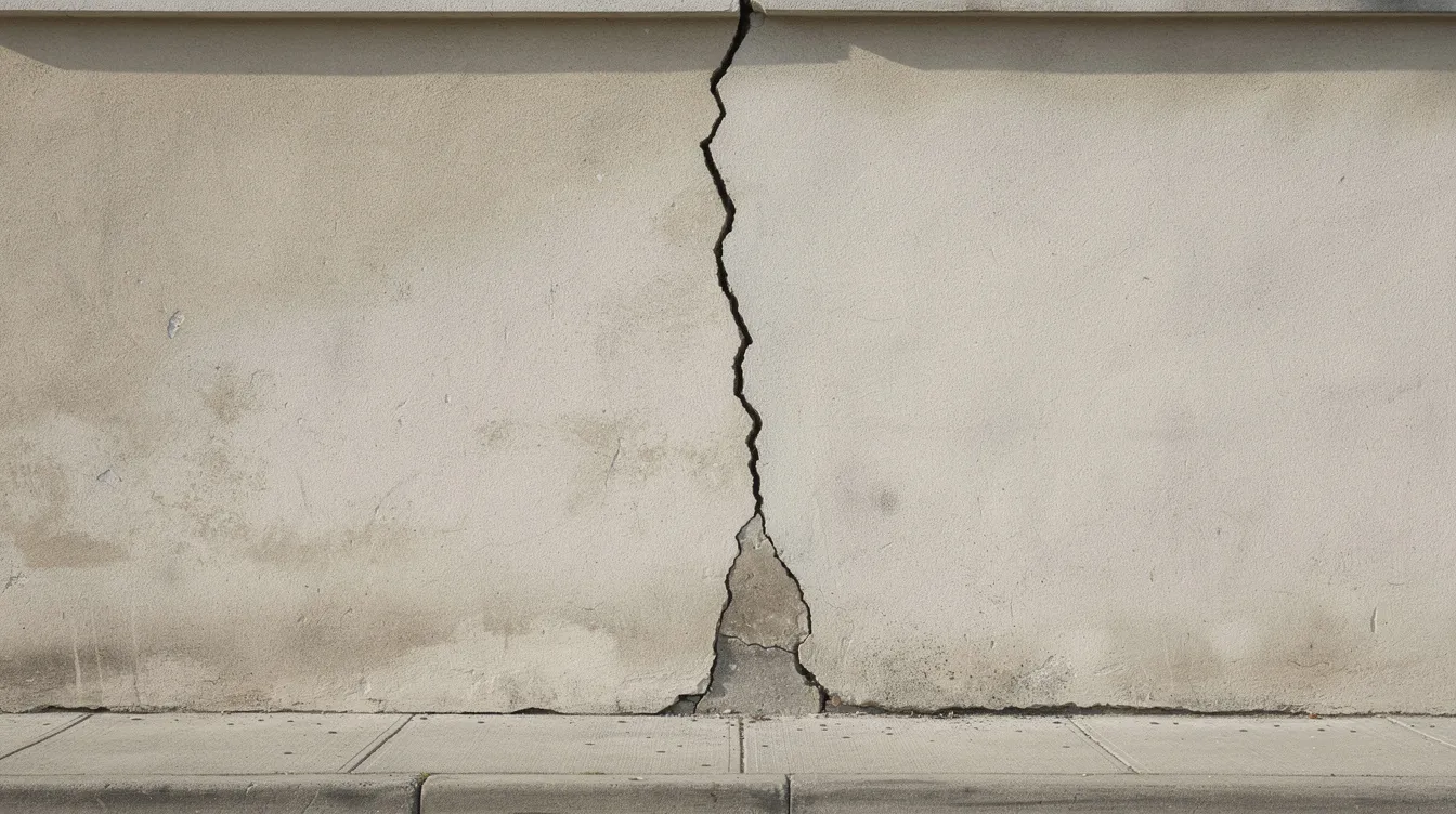L'image montre le mur extérieur d'un bâtiment avec une large fissure traversante verticale, illustrant des dommages potentiels qui pourraient nécessiter une déclaration de sinistre auprès d'une assurance dommages ouvrage. Cette fissure pourrait également poser des questions sur la solidité de la construction et l'obligation de garantir la sécurité des occupants.