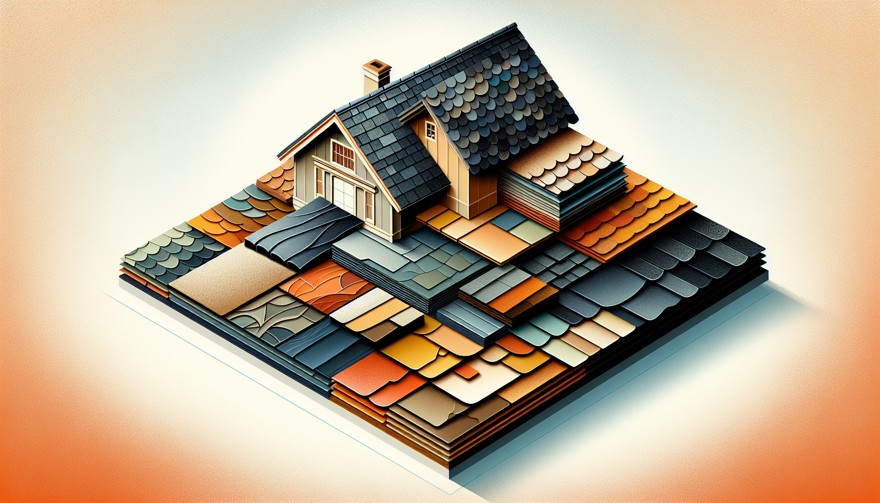 An illustration of various roofing materials including asphalt shingles and slate tiles.