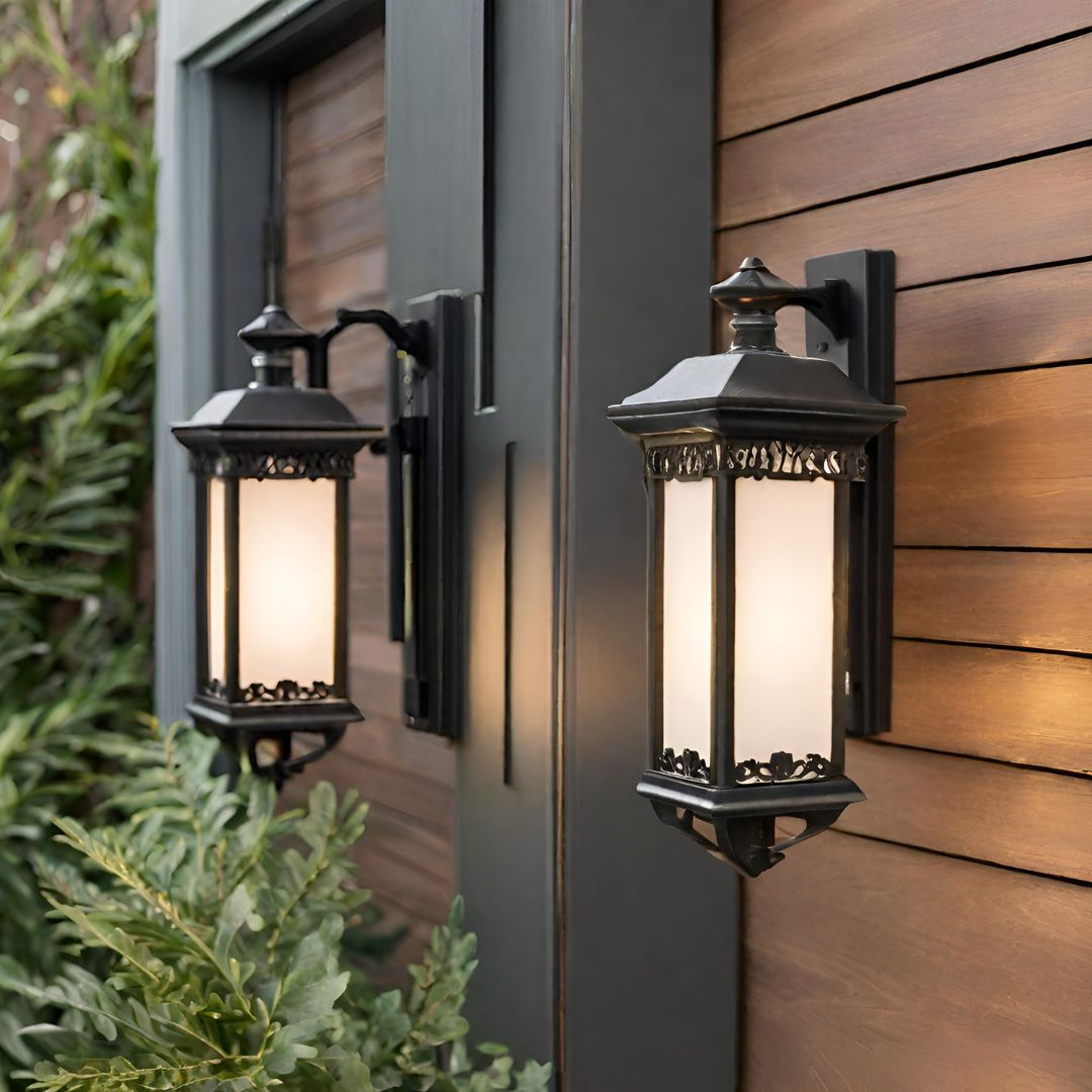 A vintage style Victorian design inspired exterior wall sconce placed on the exterior wall of an house.