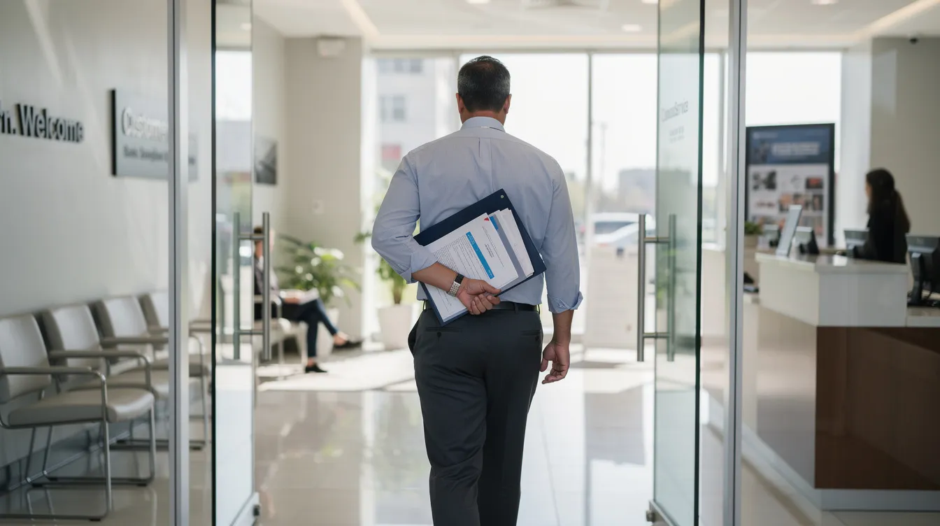 A small business owner is seen entering a bank branch, holding a folder filled with documents necessary for applying for a mudra loan. This scene represents the steps taken by eligible borrowers to secure financial assistance for their micro enterprise, showcasing the importance of proper documentation and a satisfactory credit track record.