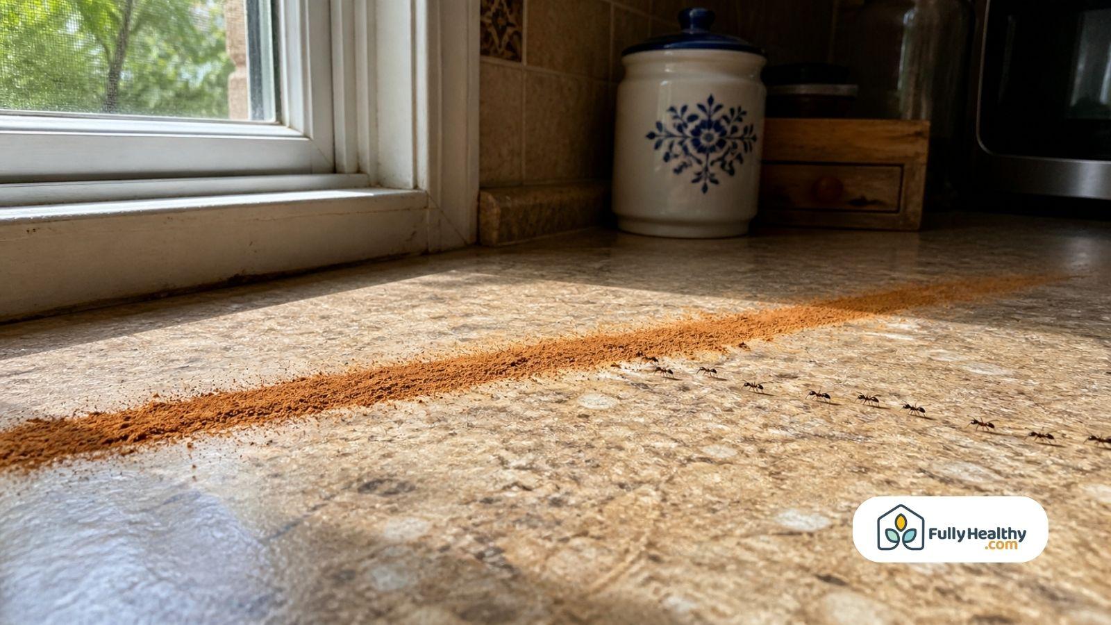Ants avoiding ground cinnamon barrier near sunny kitchen window inside home