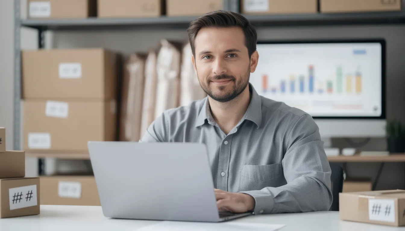A photo-realistic portrait of an eCommerce business owner confidently looking into the camera in a modern workspace, surrounded by a clean desk, a laptop, and neatly stacked shipping boxes, indicating active online order fulfillment. The background features subtle hints of eCommerce operations, including charts, a line lab, and generic package labels, that suggest preapproval for a real offer, all captured in sharp focus with professional lighting, emphasizing the subject's role in managing a successful online store.