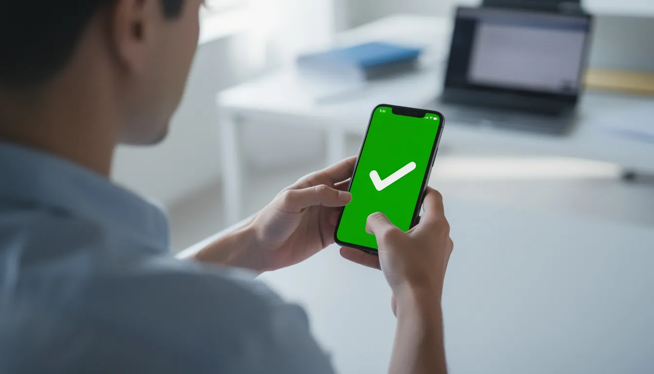En person står med en mobiltelefon i handen och verifierar information, medan en grön bock-symbol visas på skärmen. Bilden illustrerar vikten av ansvarsfullt spelande och att kontrollera information om casinon, inklusive svartlistade casinon.