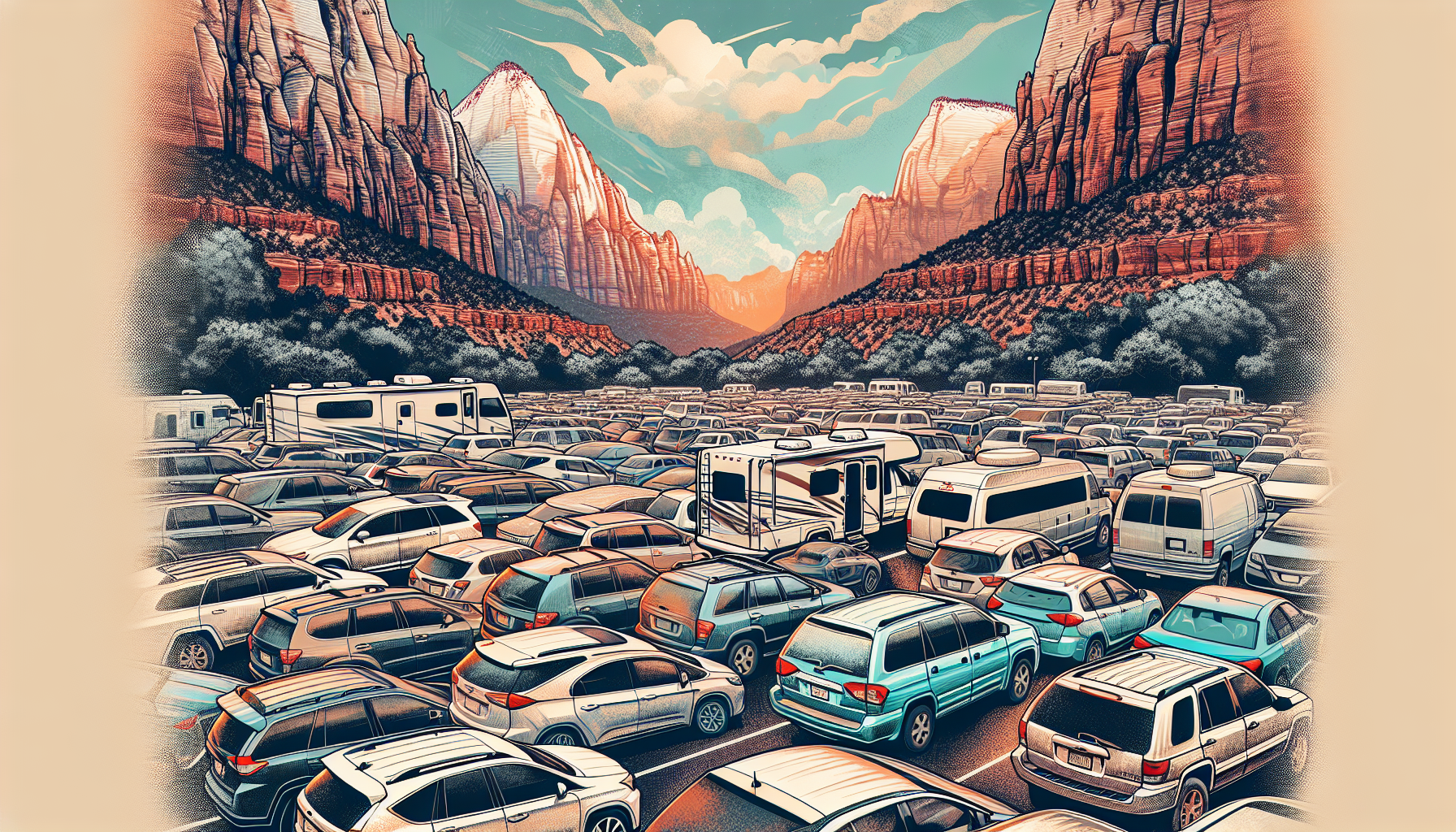 Illustration of a crowded parking lot at Zion National Park