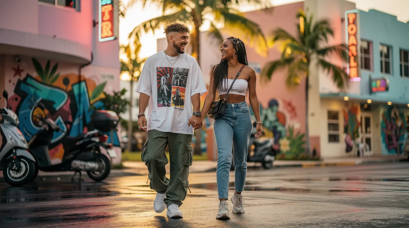 A young Gen Z couple enjoys a casual date in the vibrant Miami art district, surrounded by colorful murals and lively street art. They share honest conversations over coffee, embodying the modern dating experience and the quest for meaningful connections in today's dating world.