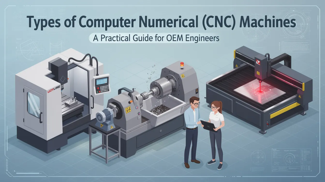 The image showcases various types of Computer Numerical Control (CNC) machines, including CNC milling machines, CNC lathes, and CNC plasma cutting machines, highlighting their role in the manufacturing process. It visually represents the diverse capabilities of CNC technology, illustrating how these modern machine tools efficiently create complex shapes and geometries.