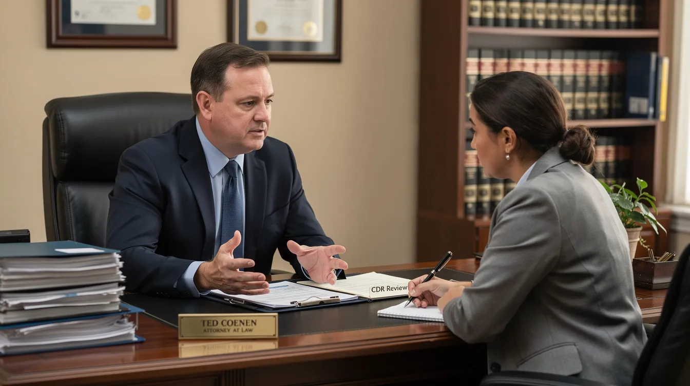 Attorney Ted Coenen is seated at a desk with a client, discussing the process of continuing disability review (CDR) in Louisiana, which involves understanding how to maintain social security disability benefits and the necessary medical evidence required for ongoing eligibility. The conversation focuses on the importance of providing updated medical records and the implications of potential medical improvement on the client's disability status.