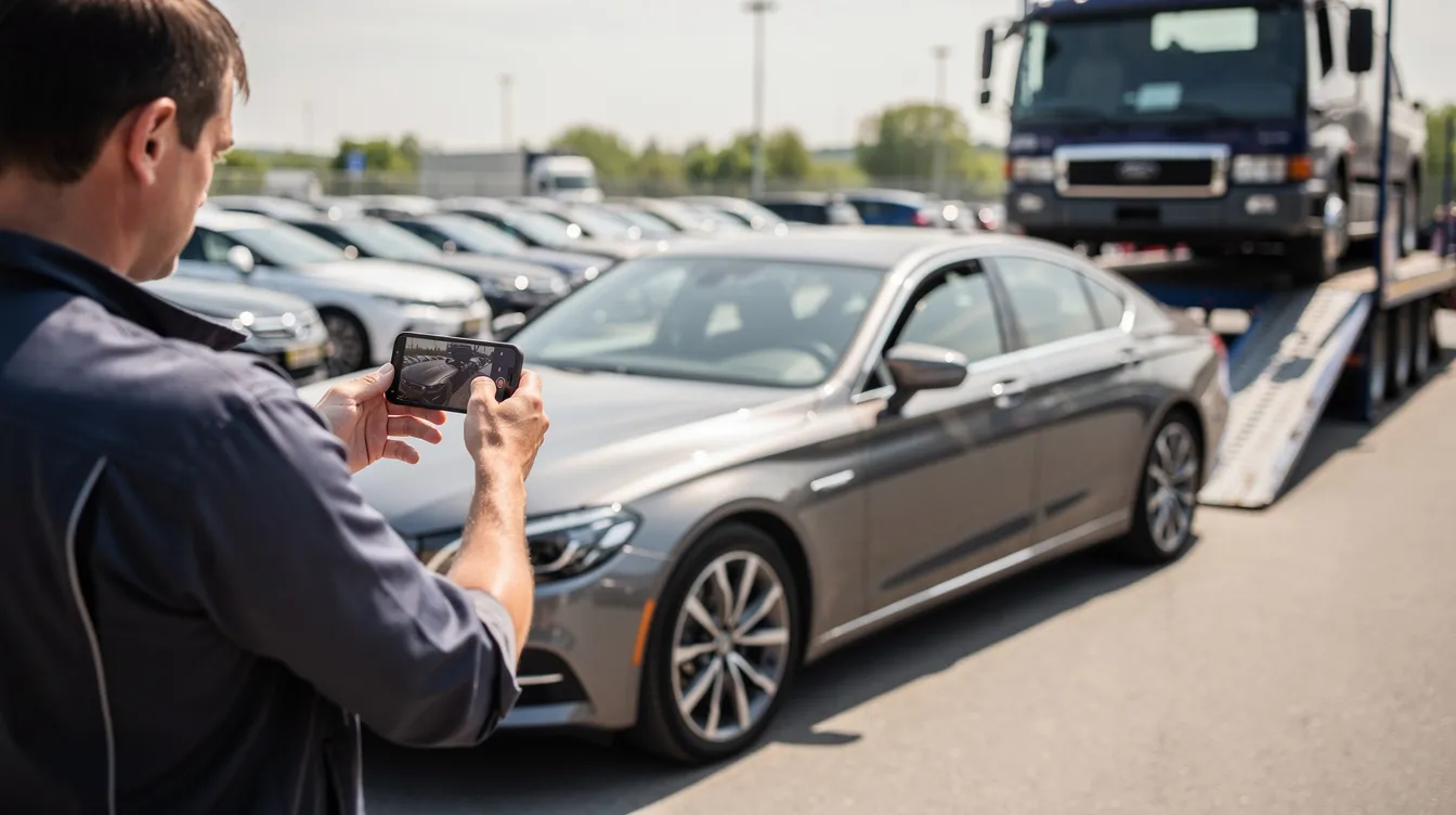 A person is photographing the exterior of a car, likely preparing for its upcoming transport, highlighting the details that will be important for the auto transport service. This scene captures the careful attention given to the vehicle before it is shipped, emphasizing the reliability of the car shipping company.