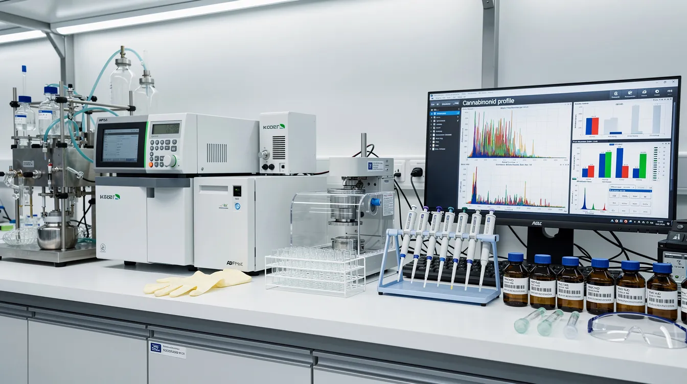 Das Bild zeigt eine Laborumgebung, in der verschiedene wissenschaftliche Instrumente zur Analyse von Cannabinoiden, einschließlich THCP und Delta-8 THC, angeordnet sind. Die Geräte stehen auf einem Tisch, umgeben von Notizen und Proben, während Forscher an den chemischen Strukturen und Wirkungen von Cannabinoiden arbeiten.
