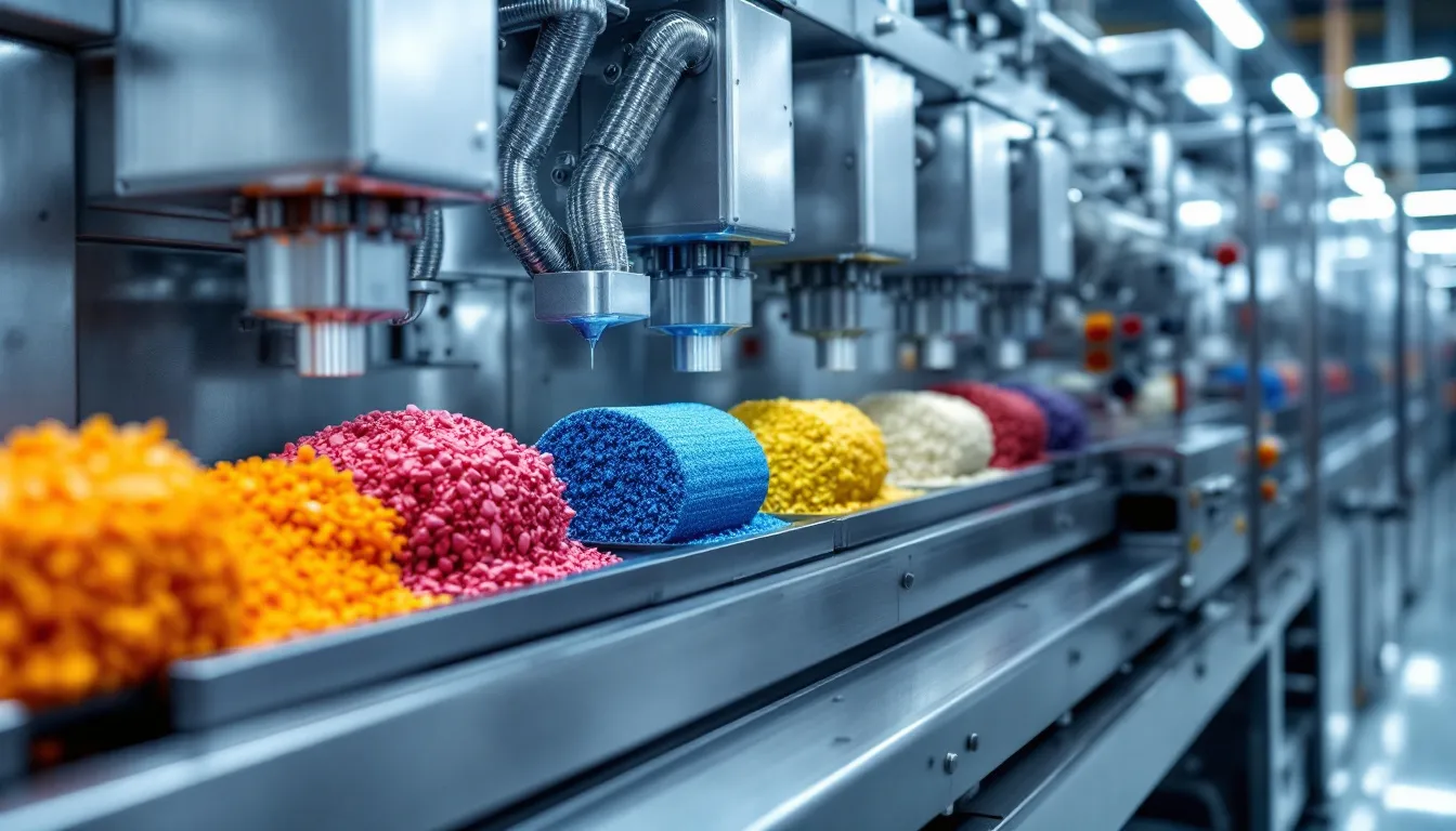 A co-extrusion setup demonstrating multiple materials being processed.