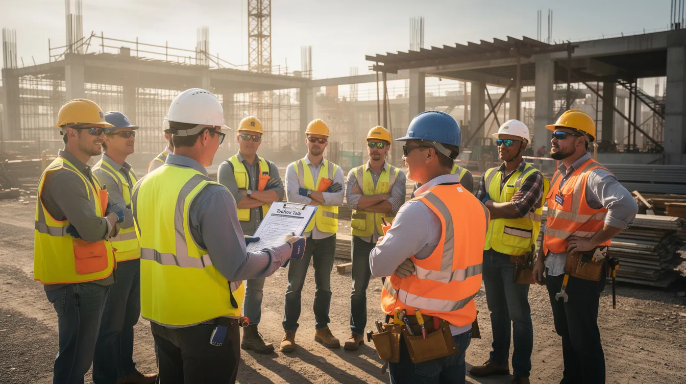 A group of construction workers is gathered around a corporate safety manager during a toolbox talk on an active job site, focusing on workplace safety and the importance of identifying risks to prevent workplace injuries. The supervisor emphasizes accountability and proper documentation as critical components of effective incident investigation and compliance with safety regulations.