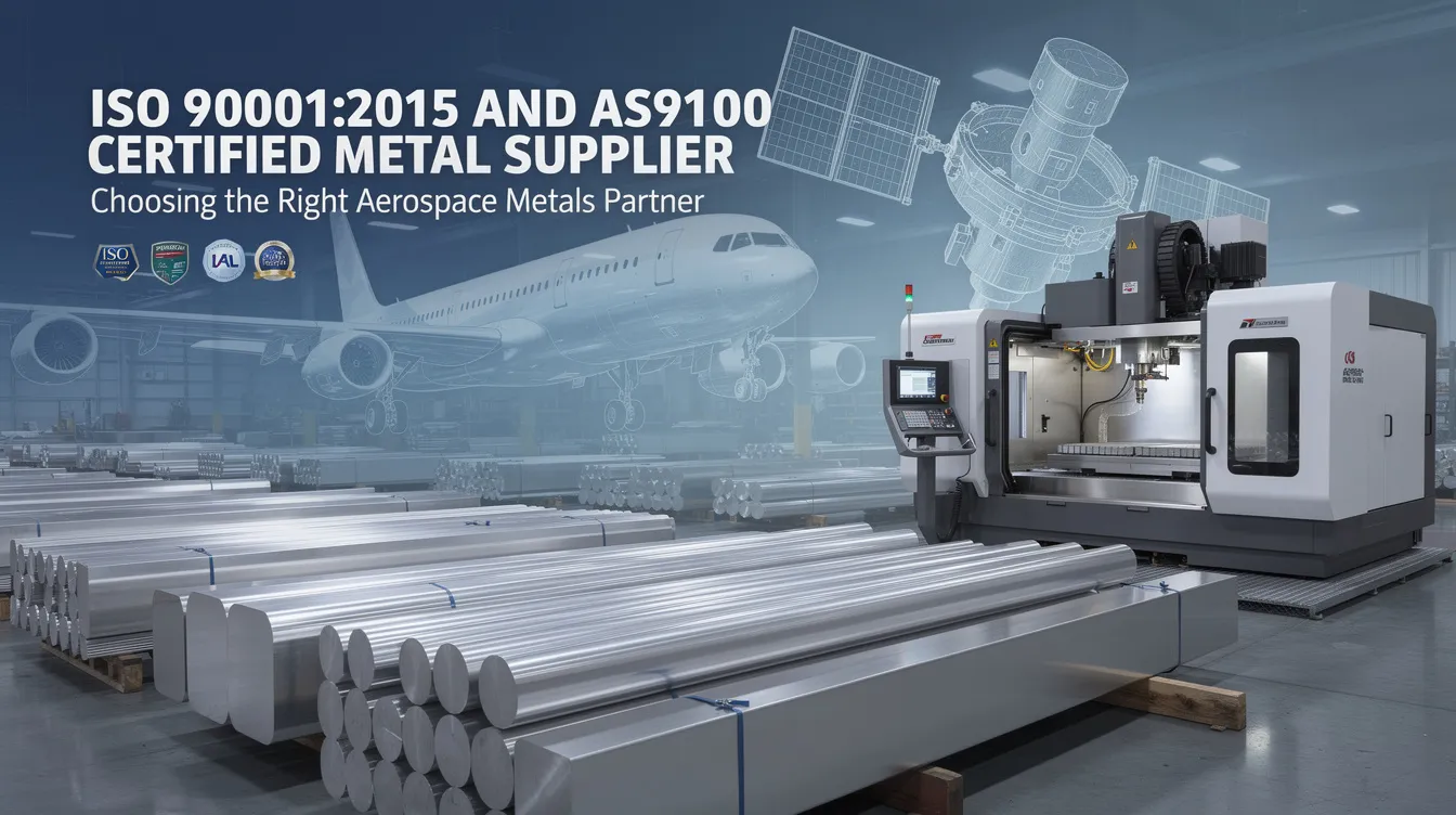 An informative image showcasing an ISO 9001:2015 and AS9100 certified metal supplier, emphasizing their role in the aerospace and defense industries. The image highlights key aspects of quality management systems, precision CNC machining, and the rigorous quality processes that ensure high-quality aerospace components for industrial customers.
