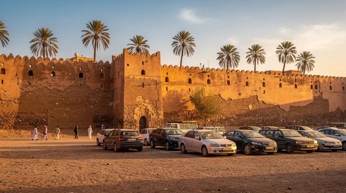Cars parked in an open lot outside the stone walls of a Moroccan medina, with palm trees in the background.