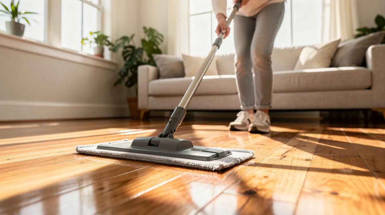 A person is mopping a hardwood floor with a flat microfiber mop in a bright living room, demonstrating effective hardwood floor care. The clean, shiny surface reflects the importance of maintaining hardwood floors to keep them in good shape and protect against dirt and scratches.