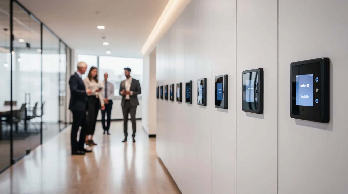 The image depicts a row of smart lockers installed in a sleek, modern office hallway, with people walking past, showcasing the integration of smart locker systems for secure storage and efficient asset management. These smart lockers offer enhanced security and streamline operations, contributing to improved customer satisfaction in a contemporary workspace.