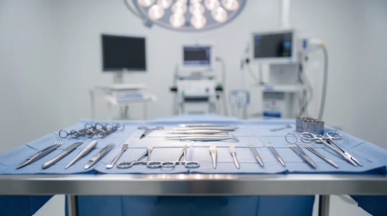 Sobre una mesa de acero inoxidable en un quirófano moderno, se encuentran organizados instrumentos quirúrgicos estériles, listos para un procedimiento de cirugía plástica, como un mommy makeover que puede incluir un levantamiento de senos y una abdominoplastia. La imagen transmite un ambiente profesional y preparado para asegurar la recuperación y el bienestar de las pacientes después del embarazo.