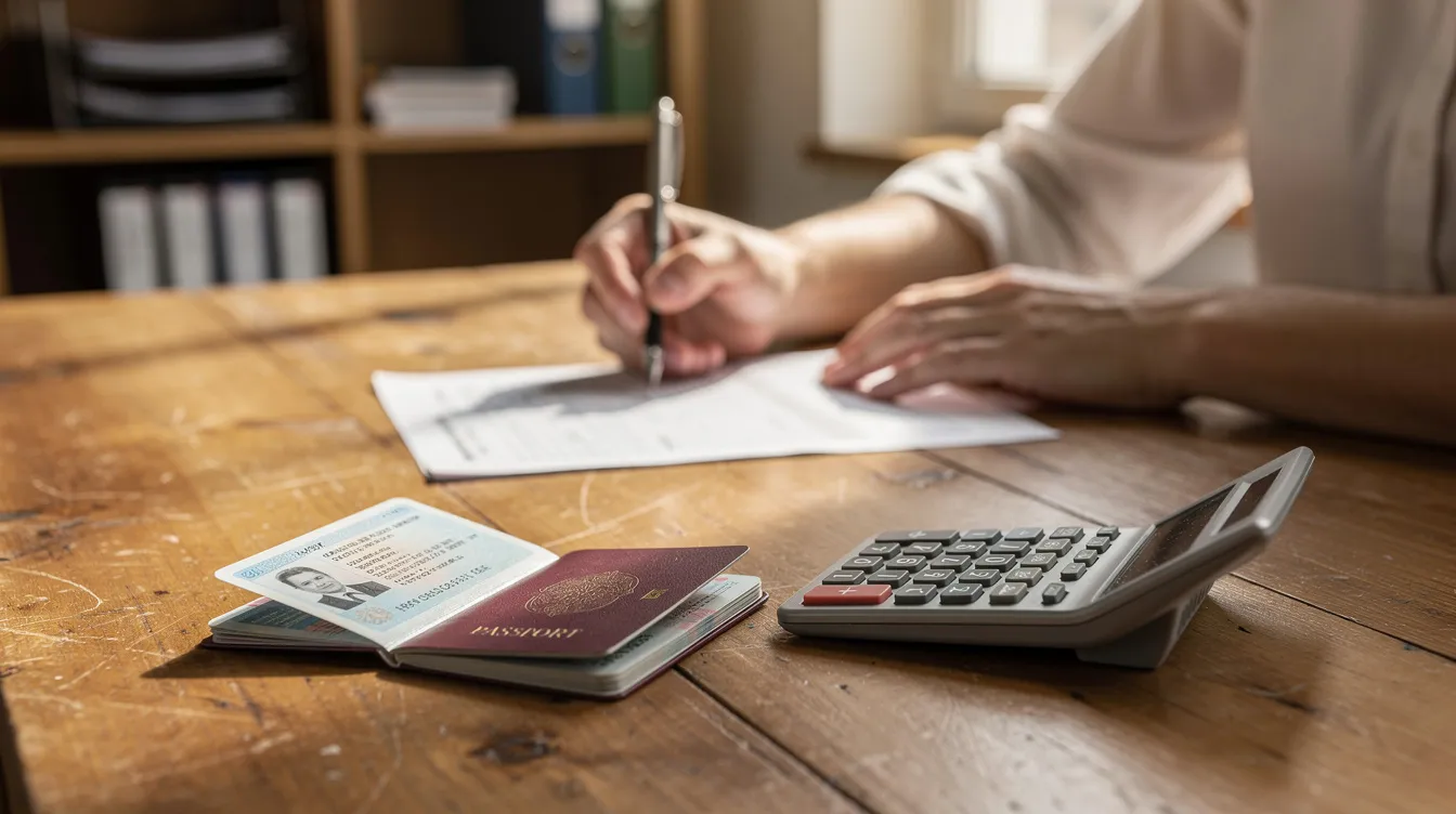 The image shows a person seated at a wooden desk, meticulously filling out a loan application form, surrounded by identity documents and a calculator, illustrating the careful documentation process necessary for a mudra loan application. This scene highlights the importance of providing accurate business details and verifying eligibility criteria to improve approval chances for small business owners.
