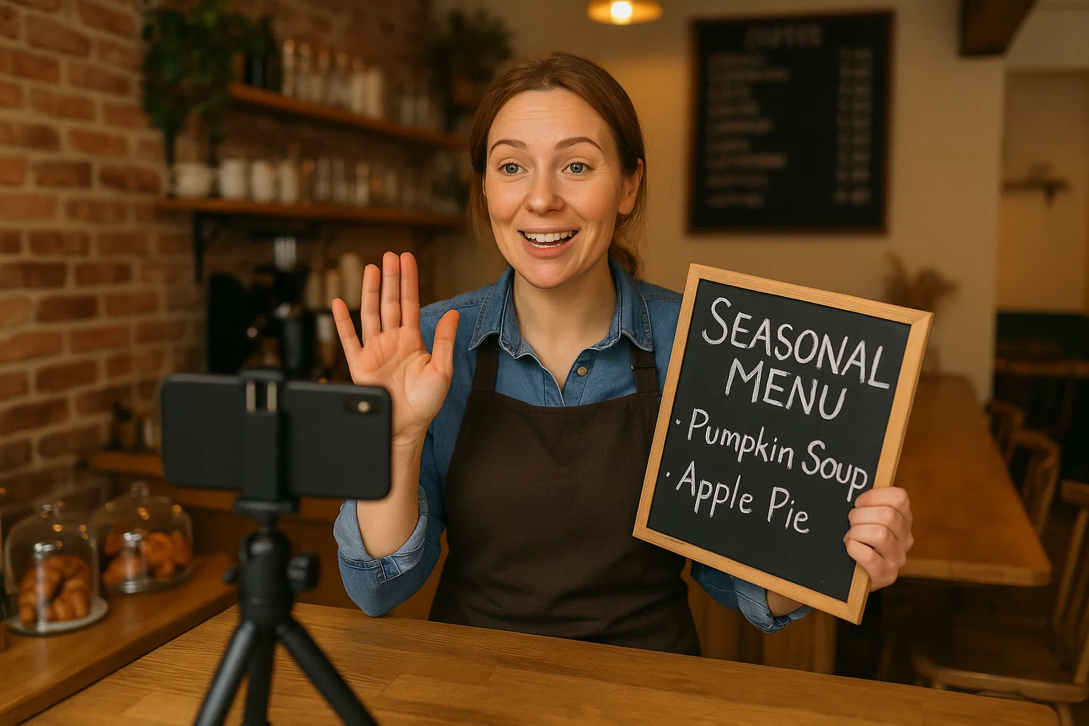 Café owner creating a video about seasonal menu items for local customers.