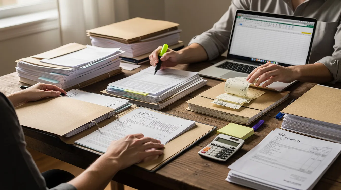 8ea5e480 dbf5 40d1 a46a ebf2c6a7d4c9 A person is seen organizing a variety of financial documents and files on a table, which may include information related to mudra loans and eligibility criteria for small businesses. The scene emphasizes the importance of managing financial assistance for entrepreneurs and micro units in their growth journey.