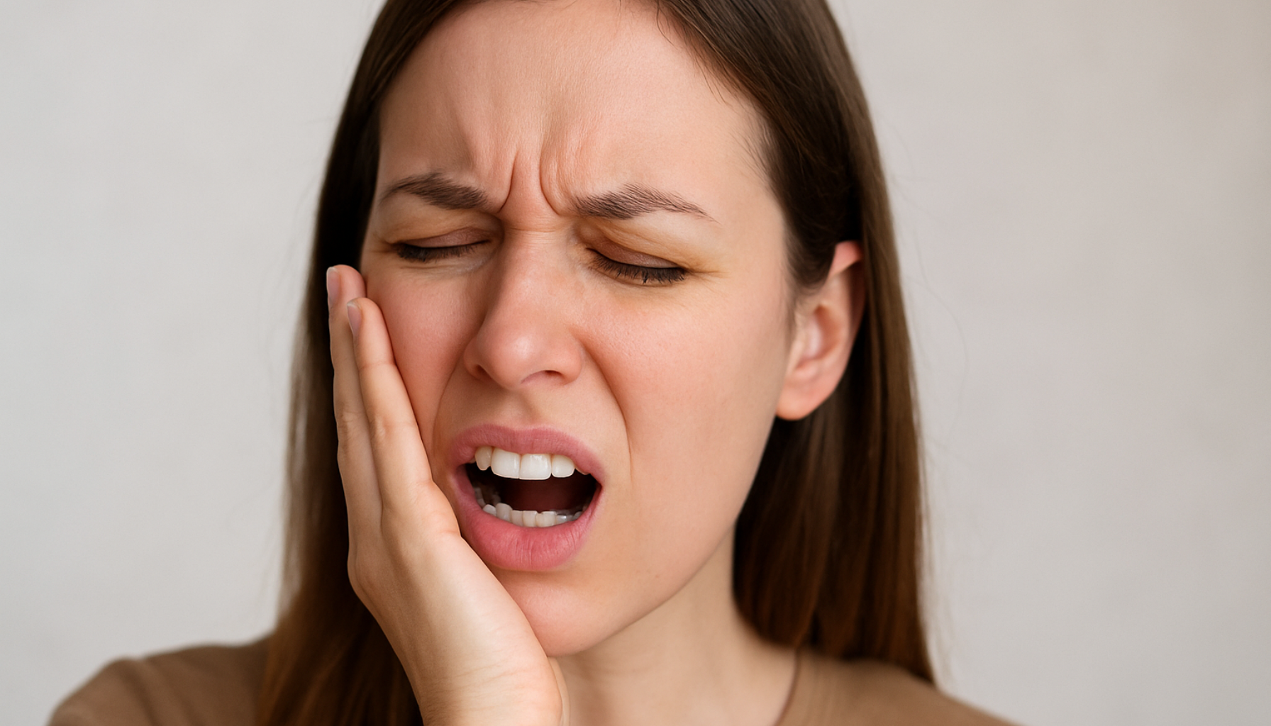 Kvinne med lukket øyne og åpen munn holder hånden mot kinnet og viser tydelig smerte fra tannverk i nøytral setting.