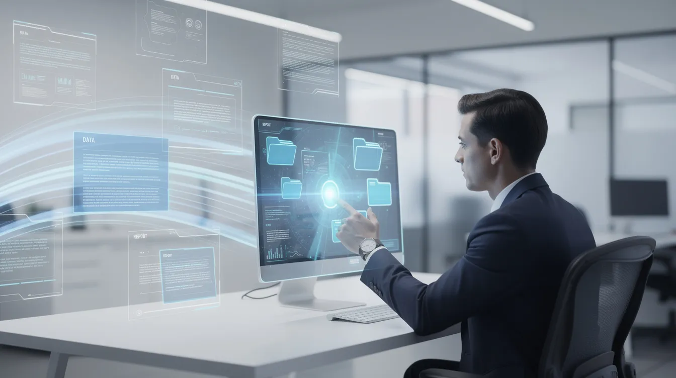 The image depicts a person engaging with a computer interface, where digital documents are seamlessly flowing into the system, illustrating the concept of retrieval augmented generation. This interaction highlights the integration of external data sources and the importance of retrieving relevant information to enhance user queries and generate accurate responses.