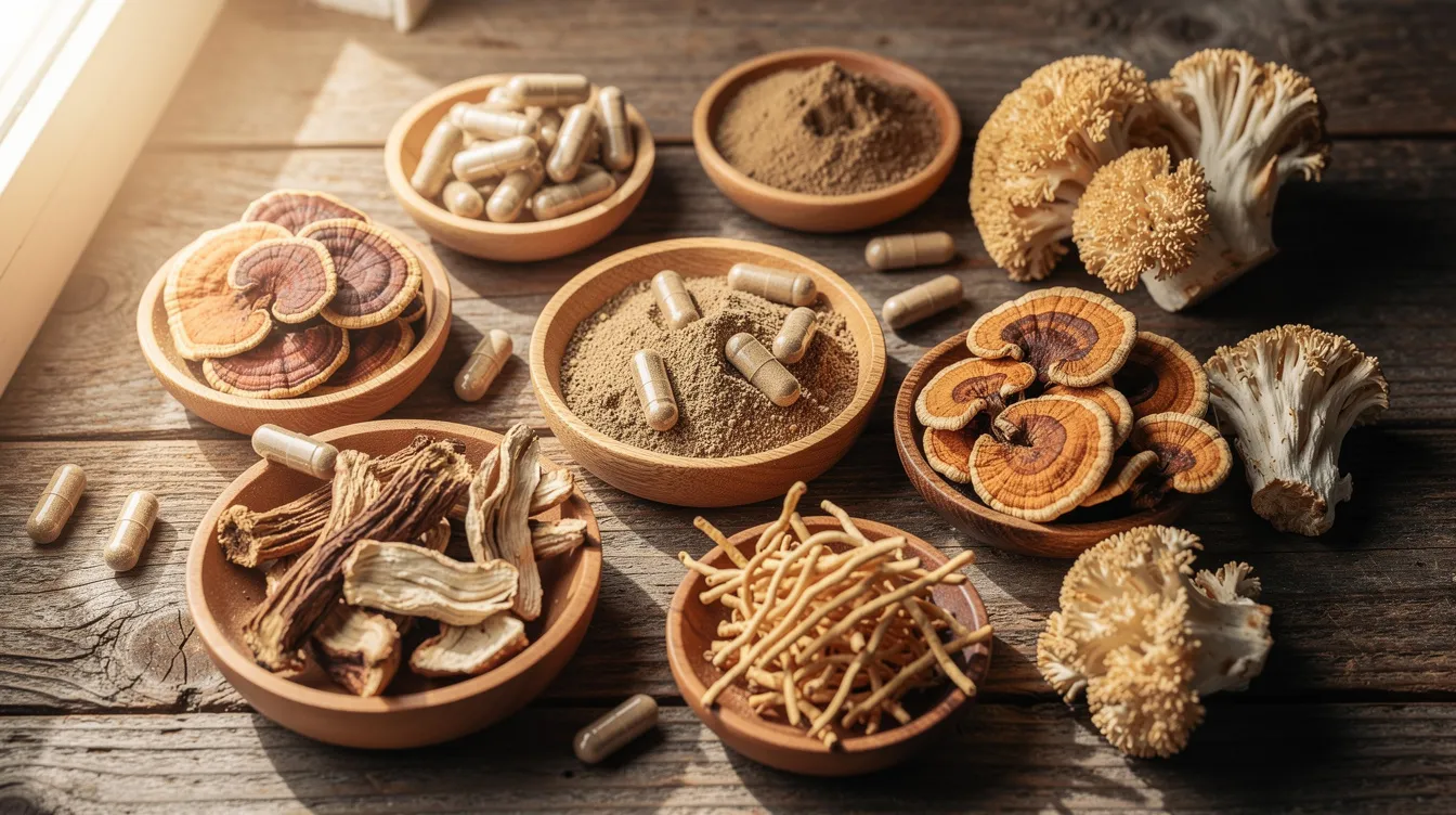 The image displays an arrangement of various mushroom supplement capsules, including lion's mane capsules, alongside dried mushrooms on a wooden surface. This setup highlights host defense products that are gluten-free and popular among customers for their potential benefits on health, cognition, and energy levels.