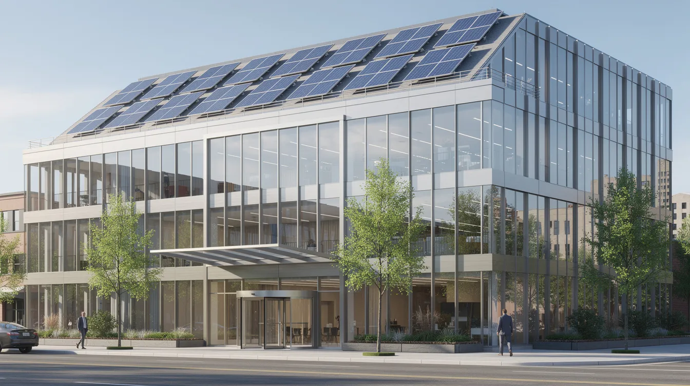 The image features a modern commercial building with a sleek energy-efficient glass facade and rooftop solar panels, symbolizing advancements in energy efficiency projects. This design not only enhances the aesthetic appeal but also promotes energy saving, helping businesses save money on operating costs while reducing their carbon footprint.