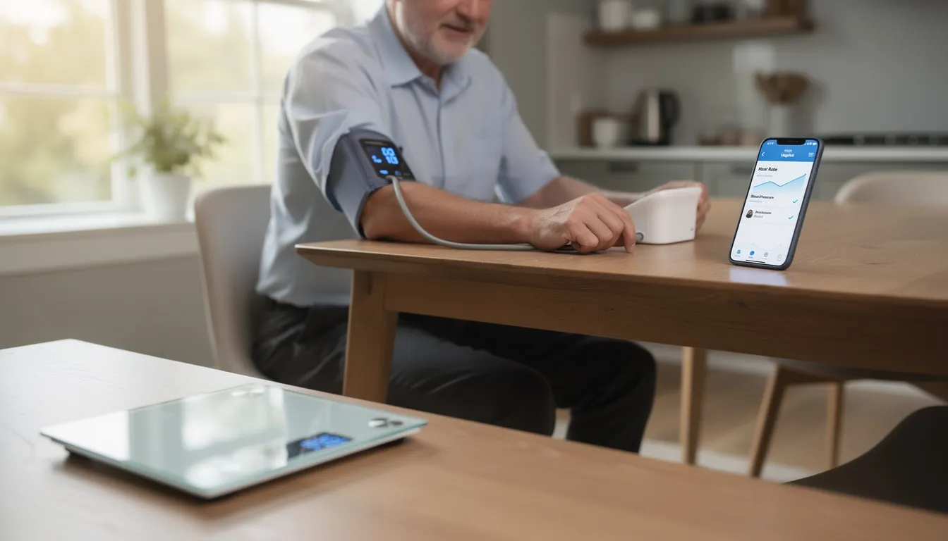 A person is standing on a digital scale while using a blood pressure monitor at home, engaging in remote health monitoring as part of their weight loss journey. This setup highlights the convenience of tracking body weight and blood pressure for effective weight management through telehealth services.