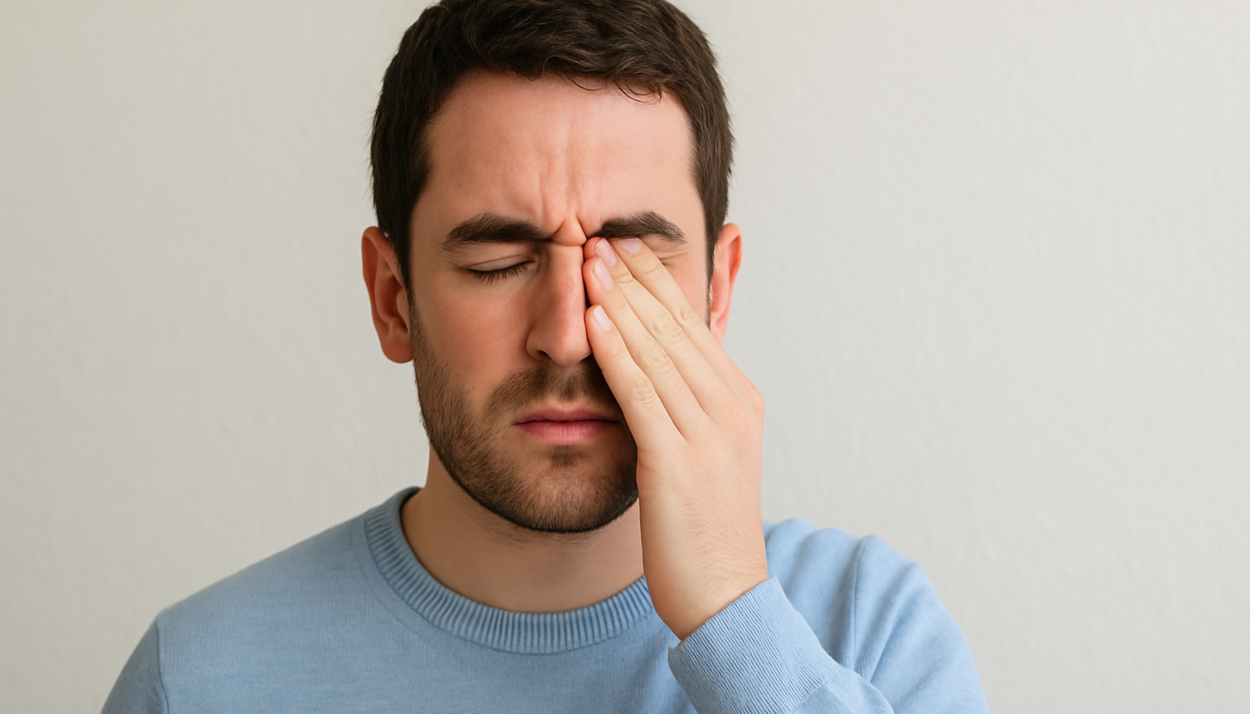 Mann med smerte rundt øyet holder hånden mot ansiktet, viser ubehag, nøytral bakgrunn og mykt lys.