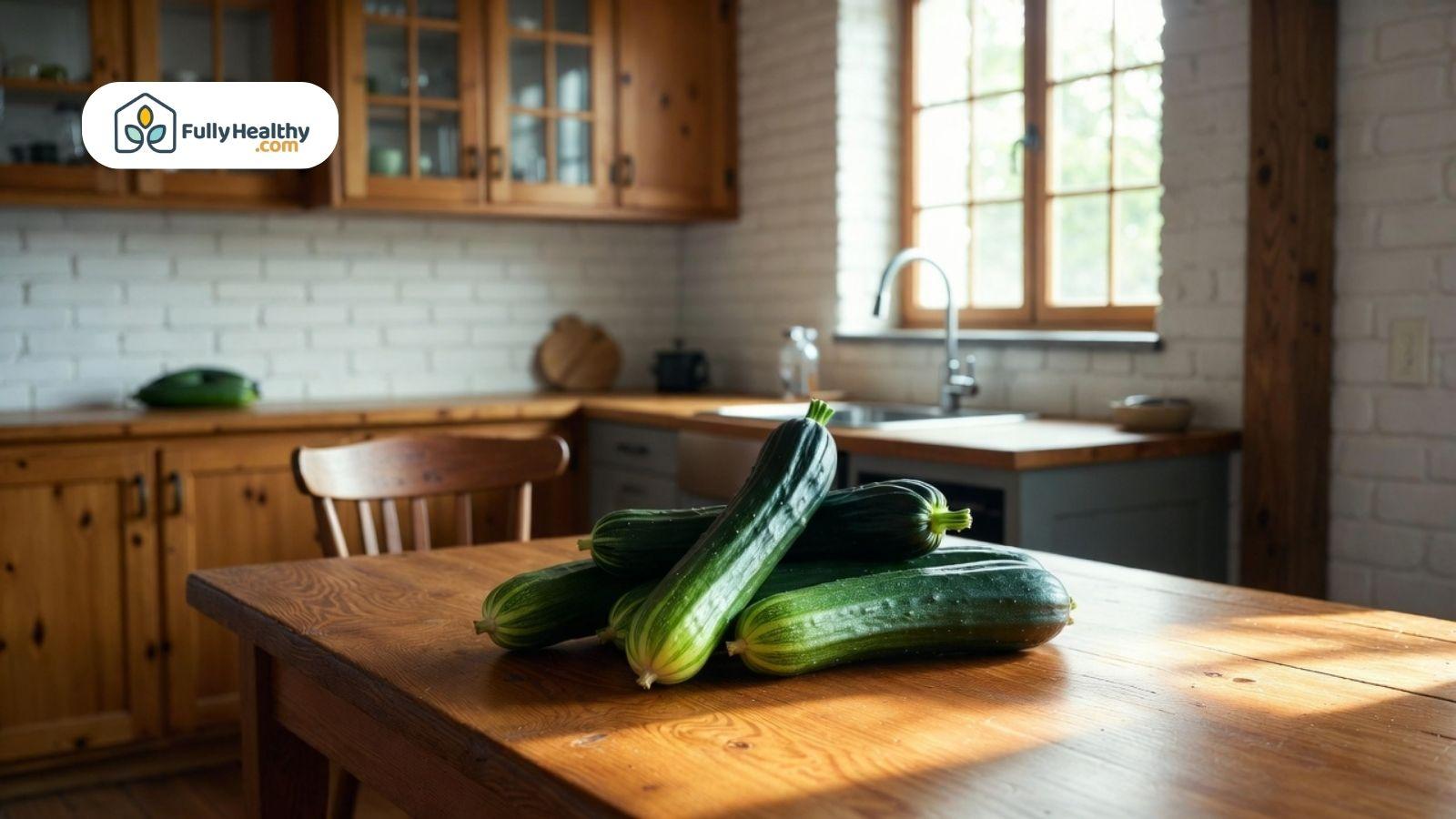Whole cucumbers placed on a wooden kitchen table in a rustic kitchen setting.