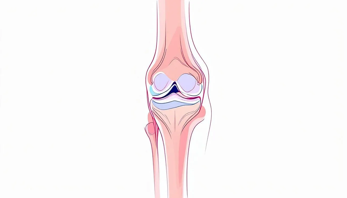 An illustration showing the anatomy of the knee joint and common areas of pain.