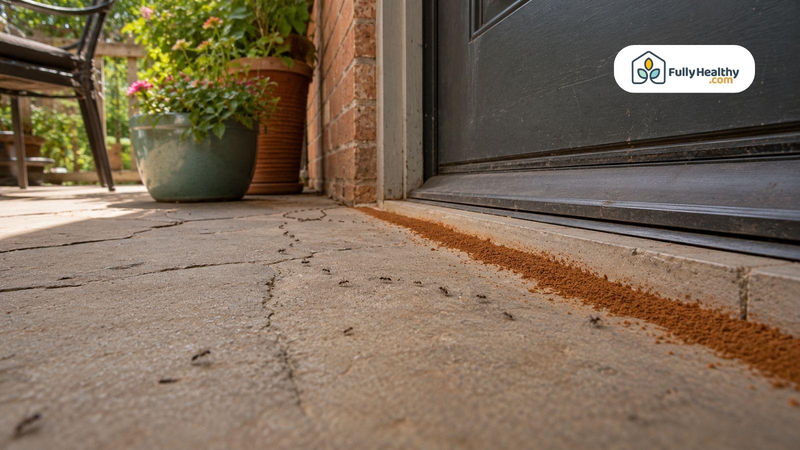 Ground cinnamon line blocking ants near outdoor doorway and patio entrance