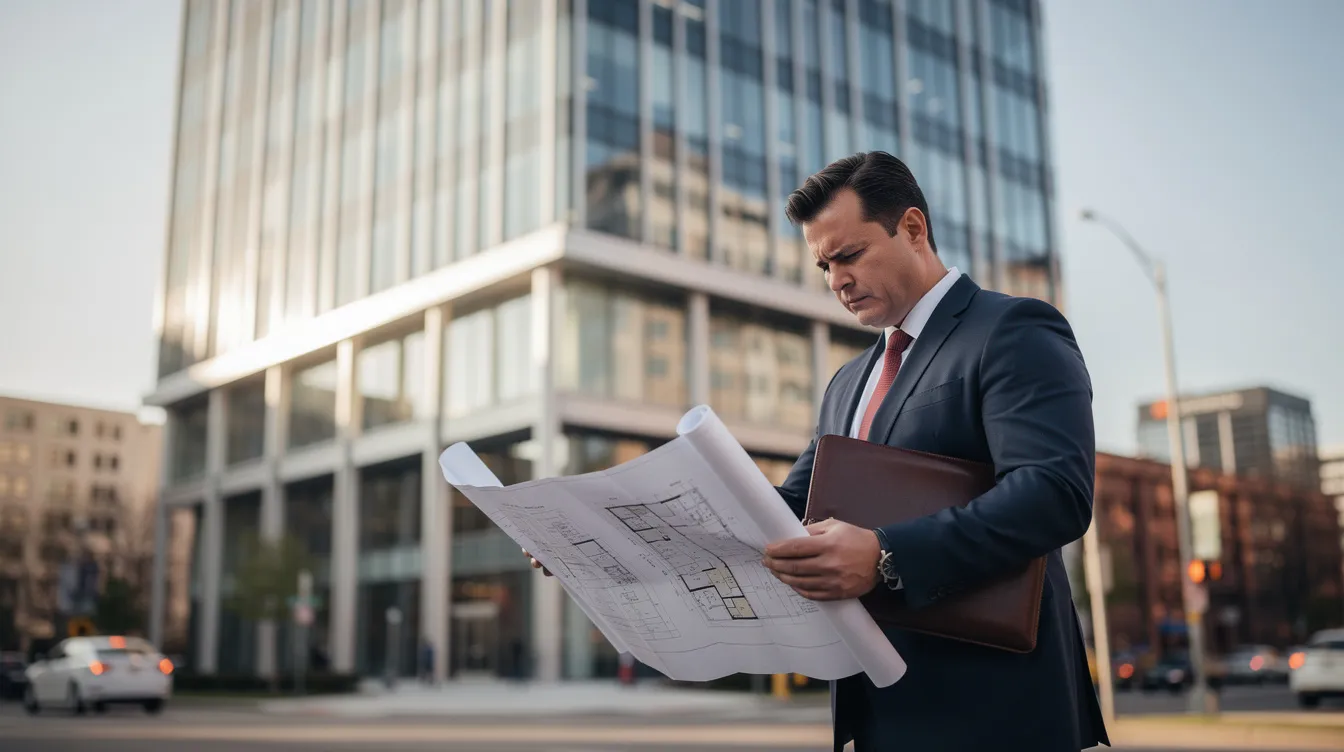 An investor stands in front of a commercial building, intently reviewing blueprints and plans, likely assessing the property's potential cash flow and net operating income for a commercial real estate loan. The scene reflects the critical analysis real estate investors undertake to ensure the property meets the minimum DSCR requirements for financing.