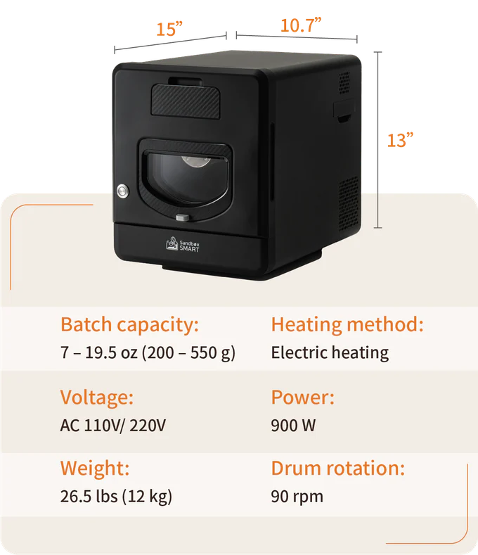 Sandbox Smart R2 Coffee Roaster Dimensions and Specifications table