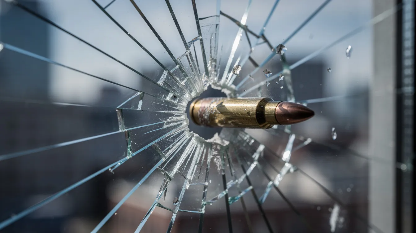 The image depicts a bullet lodged in the shattered remains of a window, with broken glass shards scattered around the frame. This scene emphasizes the importance of security window film and bulletproof glass in protecting buildings and their occupants from ballistic attacks and forced entry.