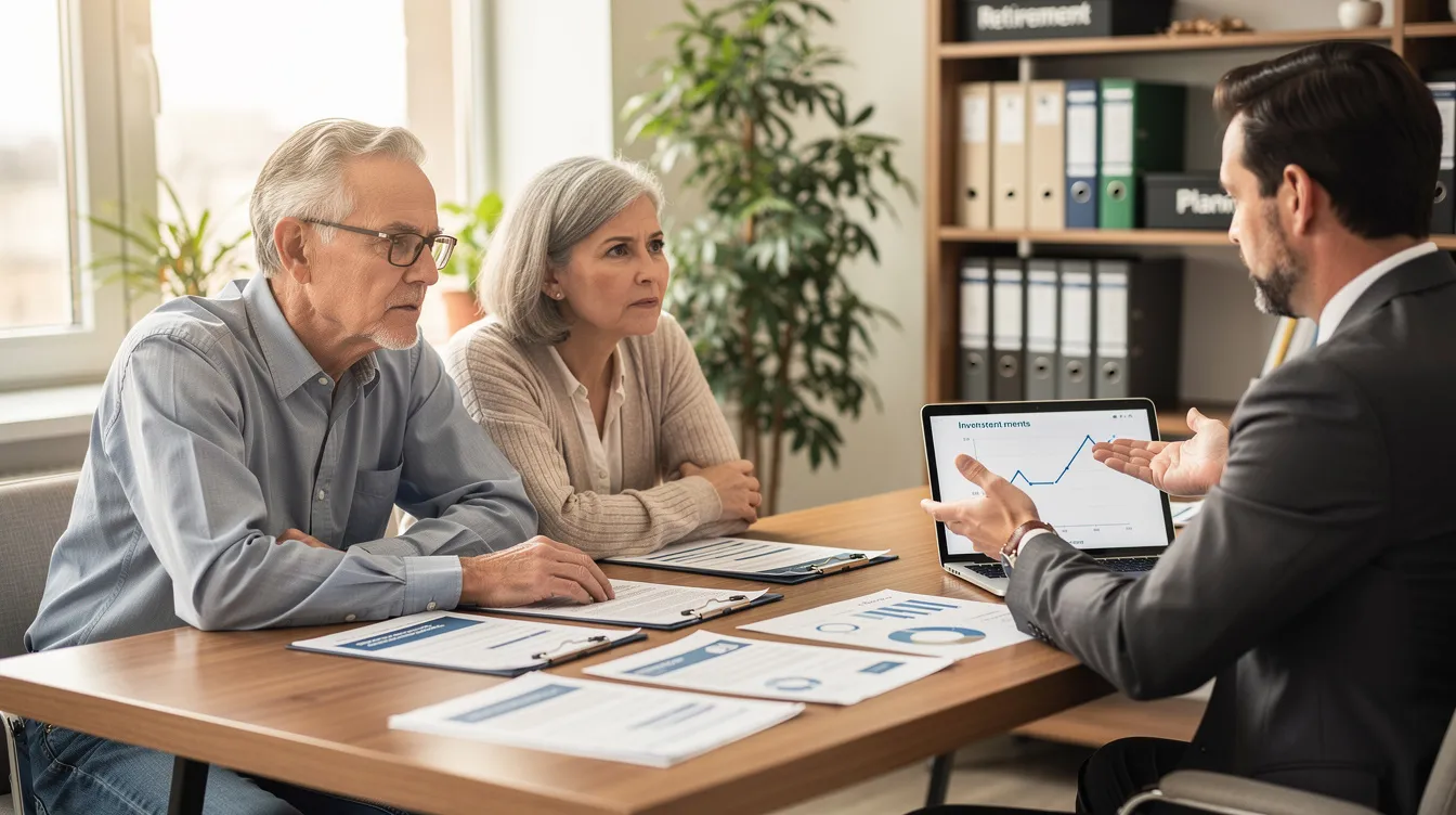 An older couple is seated at a desk, engaged in a discussion with a financial advisor as they review various financial documents, likely related to their retirement accounts and precious metals investments. The scene reflects a thoughtful approach to managing their financial future, possibly considering options like a gold IRA or physical gold assets.