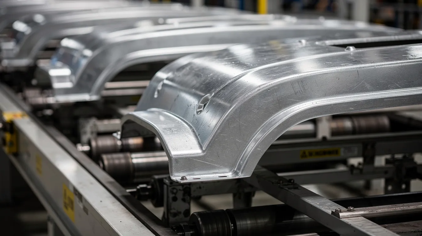 A close-up view of metal stamped automotive body panels is shown, neatly arranged on a factory conveyor line, highlighting the precision and efficiency of the metal stamping process in the automotive industry. These critical components, made from raw materials, are ready for assembly, reflecting the strict industry standards and quality required in car manufacturing.