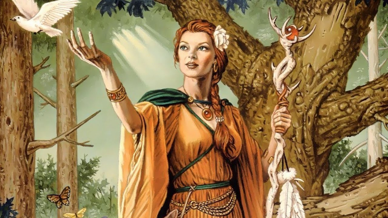 Goddess Rhiannon is letting a dove go in one hand while holding a scepter in the other. She is wearing an orange traditional Celtic woman outfit with her hair pulled back into a braid with a white flower in her hair. Rhiannon is in the middle of a dense forest.