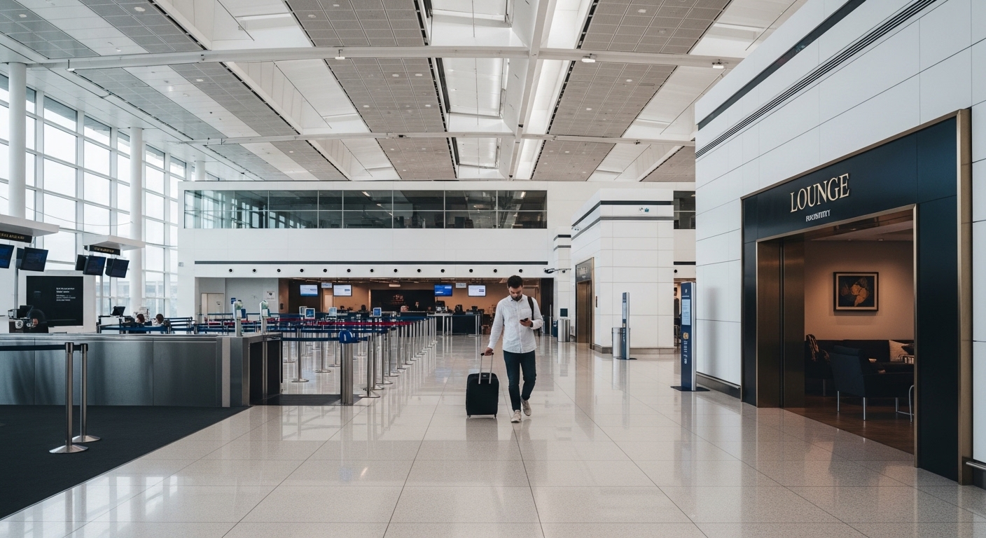 Business class pre-flight experience with priority check-in, lounge access, early boarding, and a calm, stress-free airport atmosphere.