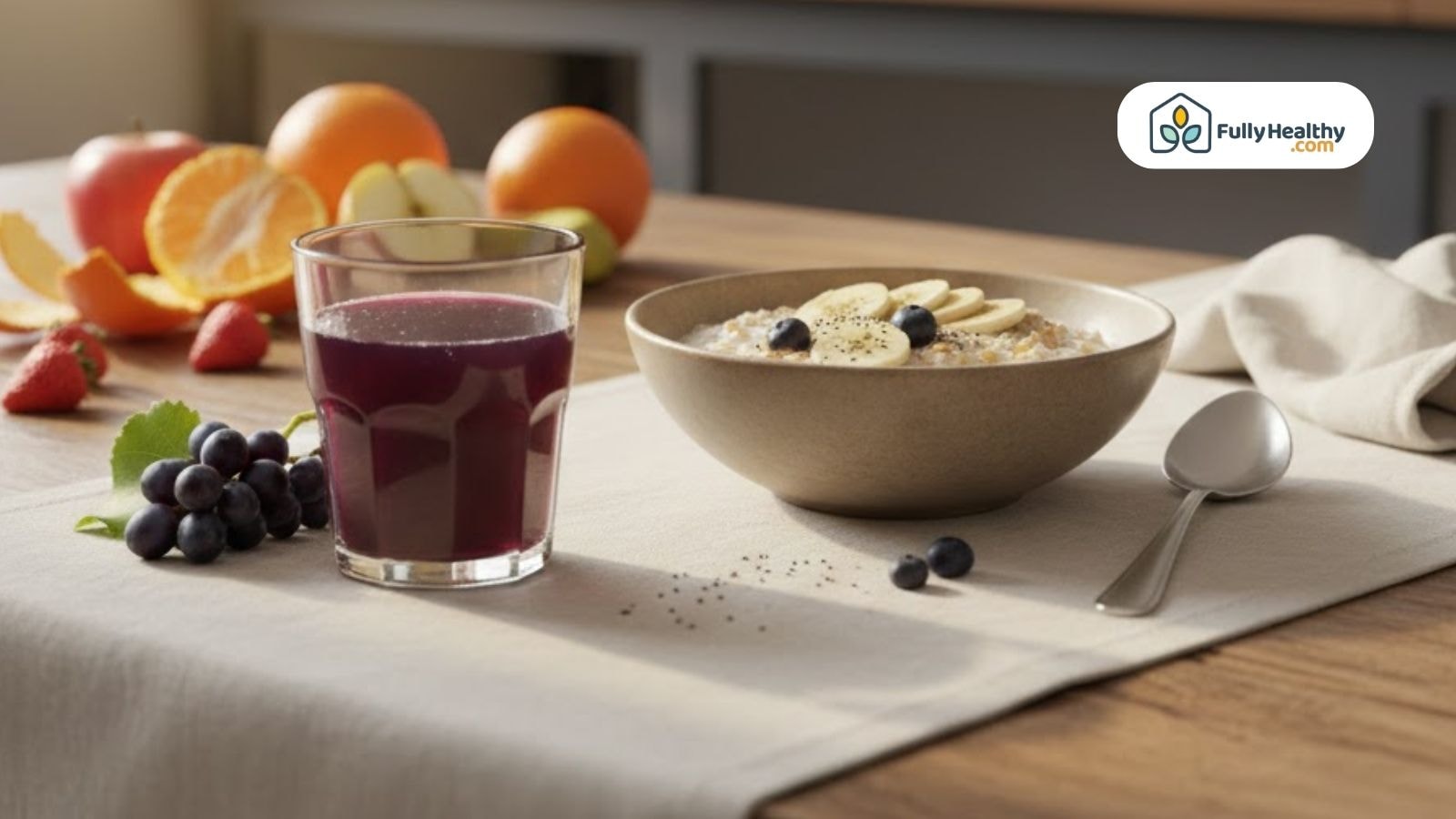 Glass of grape juice next to a bowl of oatmeal and fruits on a table