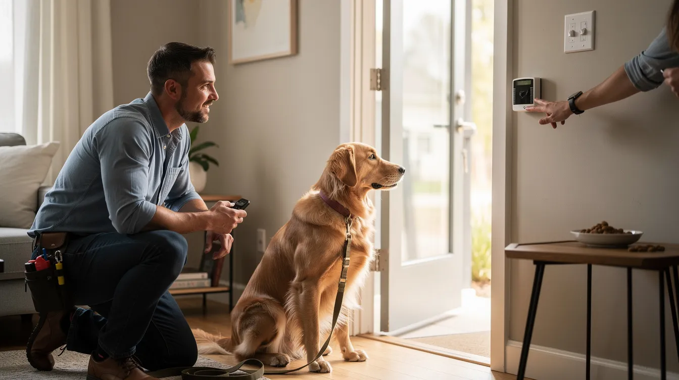 The image depicts a calm dog sitting in a designated spot near the front door, appearing relaxed despite the doorbell ringing in the background. A high-value treat is placed nearby, emphasizing a training session focused on controlling the dog's response to doorbell sounds.